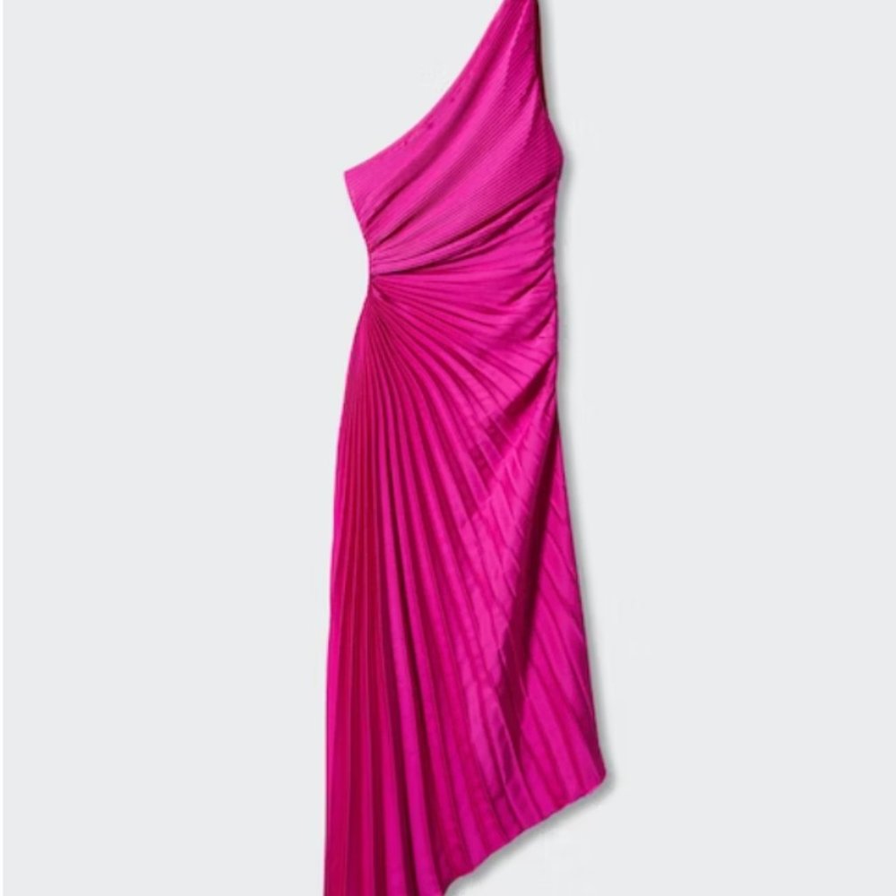 Mango Asymmetrical Pleated Dress—Fuschia